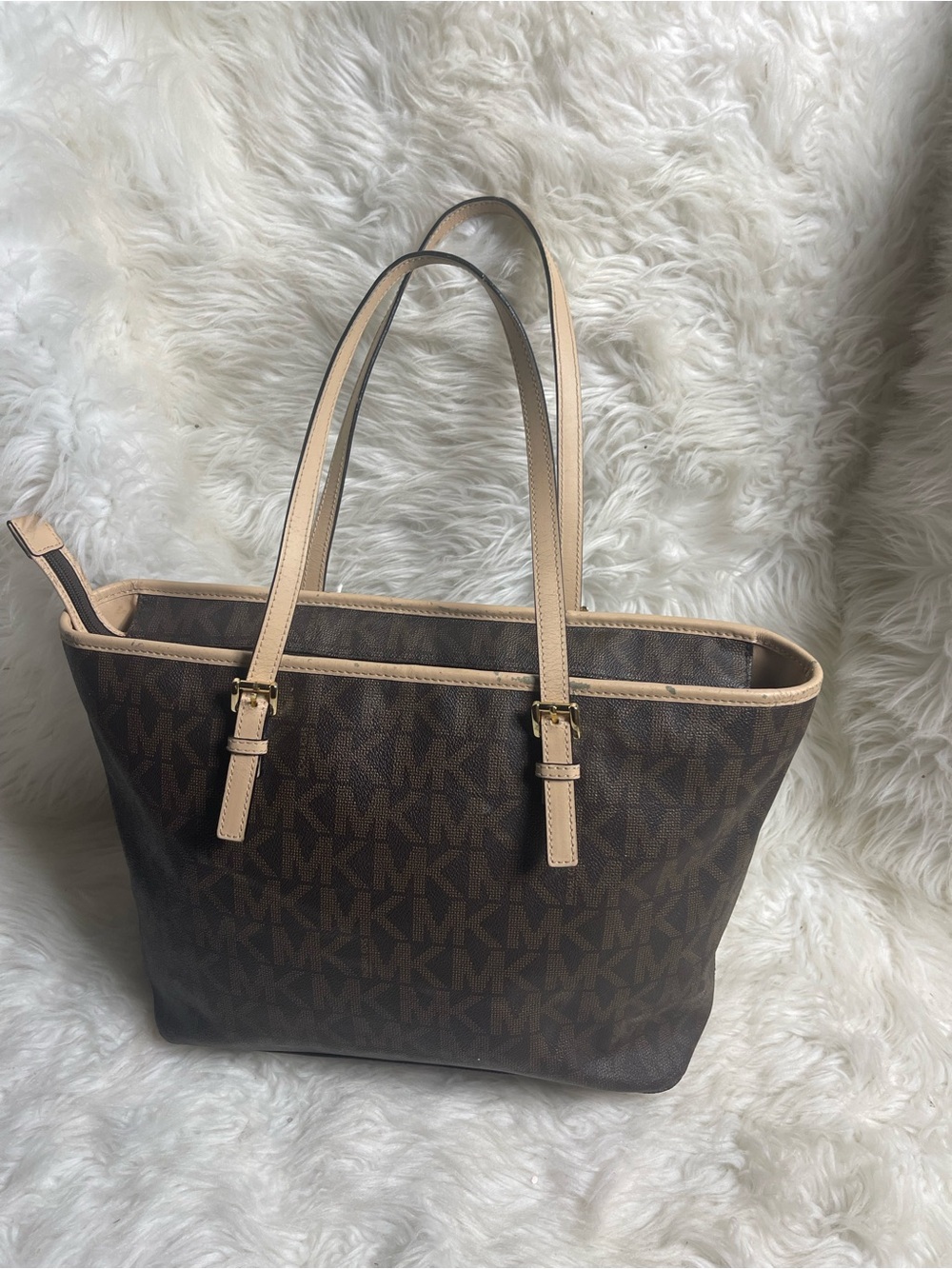 Michael Kors Brown MK Logo Tote with leather Beige Trim& straps - Picture 3 of 13